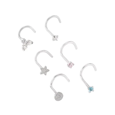Multi-Pack Blue and Pink CZ Star Silver-Plated Screw Nose Rings - 6 Pack