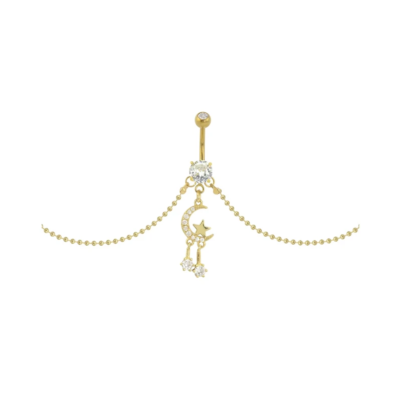 CZ Goldtone Moon Star Chain Dangle Belly Ring - 14 Gauge