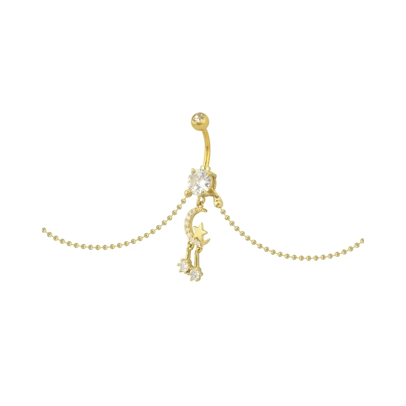 CZ Goldtone Moon Star Chain Dangle Belly Ring - 14 Gauge