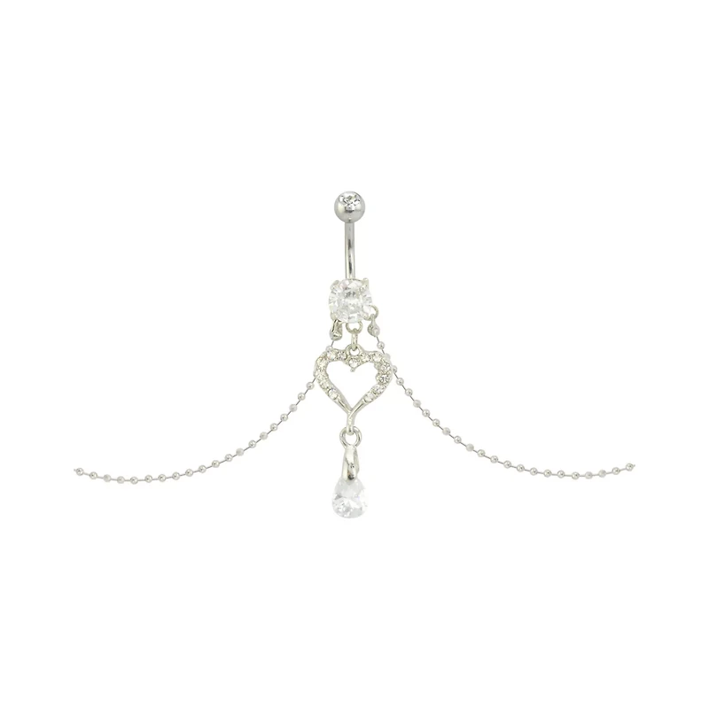 CZ Heart Chain Dangle Belly Ring - 14 Gauge