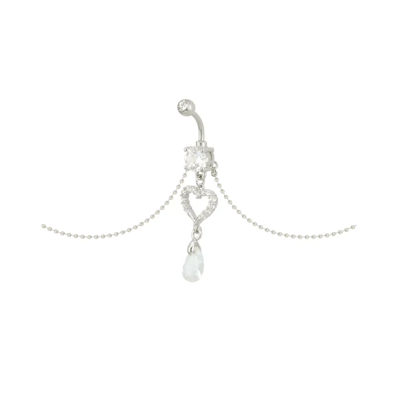 CZ Heart Chain Dangle Belly Ring - 14 Gauge