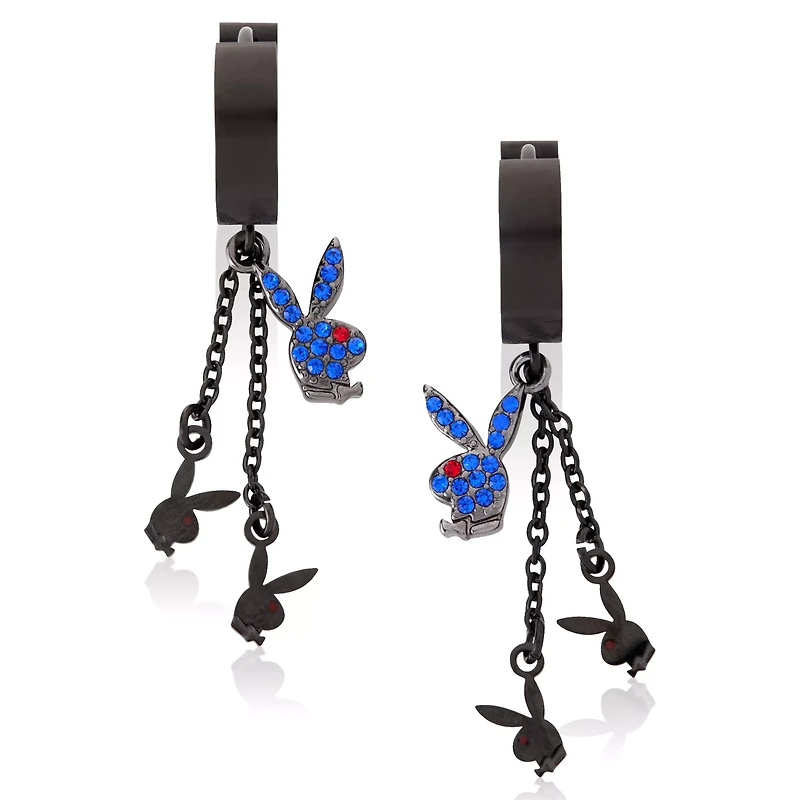 Blue CZ Triple Playboy Bunny Chain Dangle Huggie Hoop Earrings