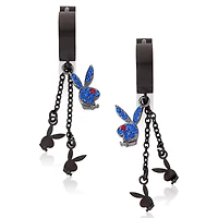 Blue CZ Triple Playboy Bunny Chain Dangle Huggie Hoop Earrings
