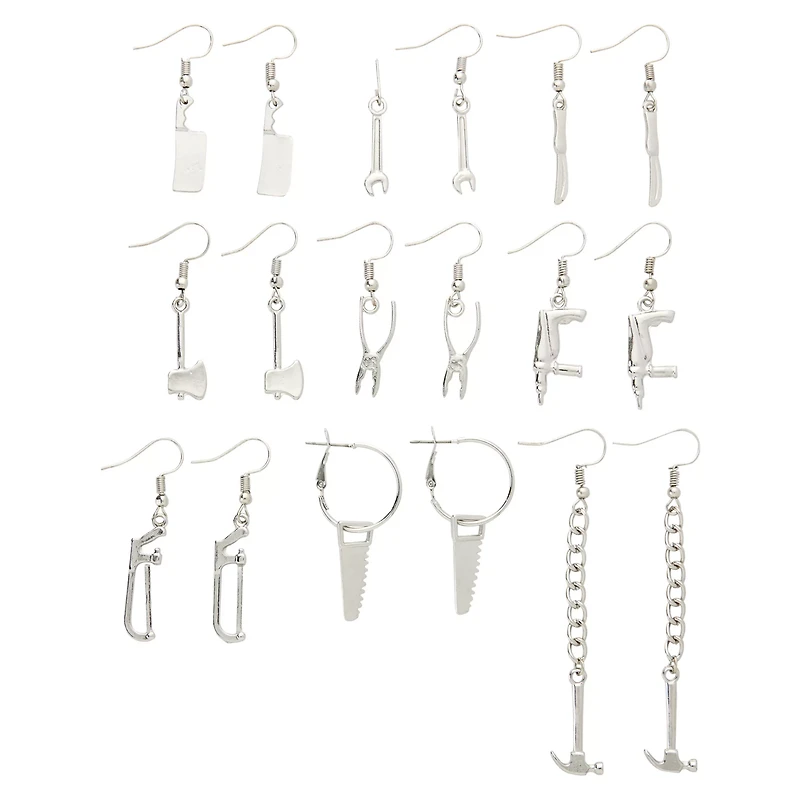 Multi-Pack Silvertone Knife Axe Hammer Weapon Dangle Earrings - 9 Pair
