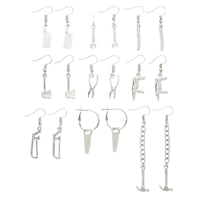 Multi-Pack Silvertone Knife Axe Hammer Weapon Dangle Earrings - 9 Pair