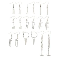 Multi-Pack Silvertone Knife Axe Hammer Weapon Dangle Earrings - 9 Pair
