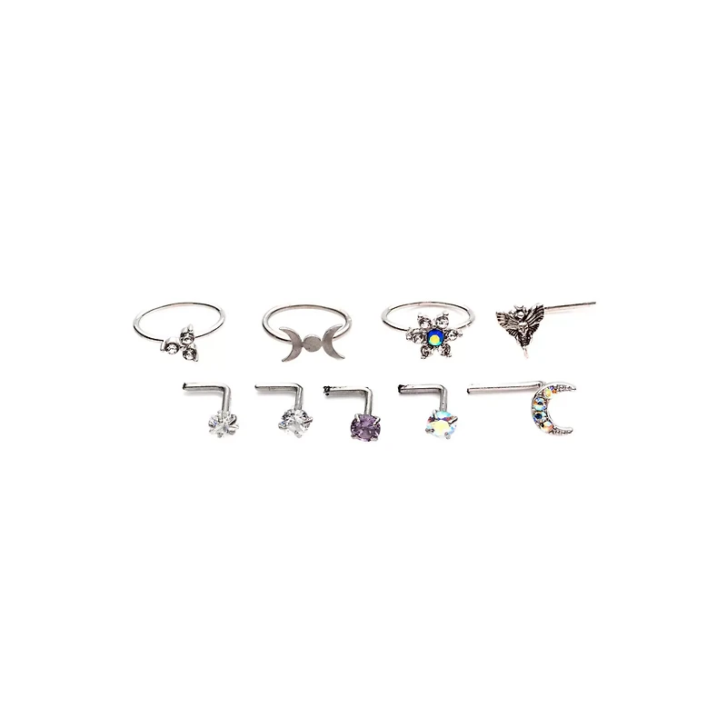 Multi-Pack CZ Moon and Star Hoops L-Bend Nose Rings 9 Pack - 20 Gauge