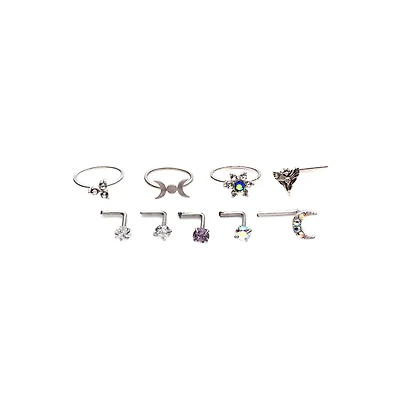 Multi-Pack CZ Moon and Star Hoops L-Bend Nose Rings 9 Pack - 20 Gauge