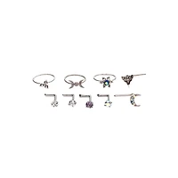 Multi-Pack CZ Moon and Star Hoops L-Bend Nose Rings 9 Pack - 20 Gauge