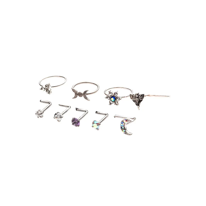 Multi-Pack CZ Moon and Star Hoops L-Bend Nose Rings 9 Pack - 20 Gauge