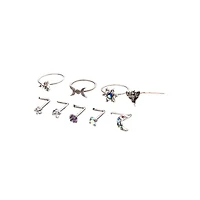 Multi-Pack CZ Moon and Star Hoops L-Bend Nose Rings 9 Pack - 20 Gauge
