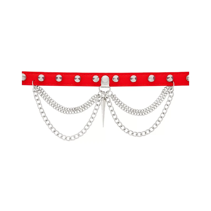 Double Chain Spiked Red Choker Necklace