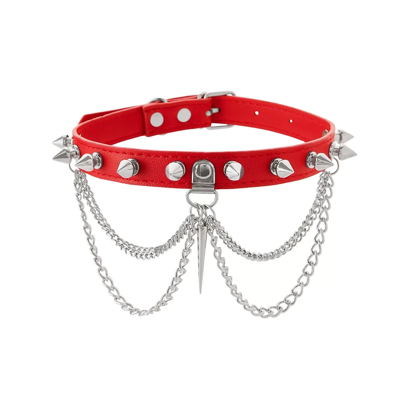 Double Chain Spiked Red Choker Necklace