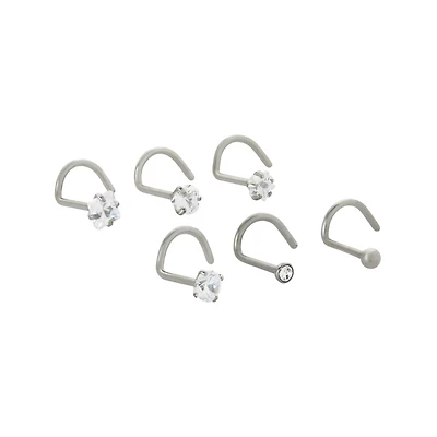 Multi-Pack CZ Gem Silver-Plated Screw Nose Rings - 6 Pack