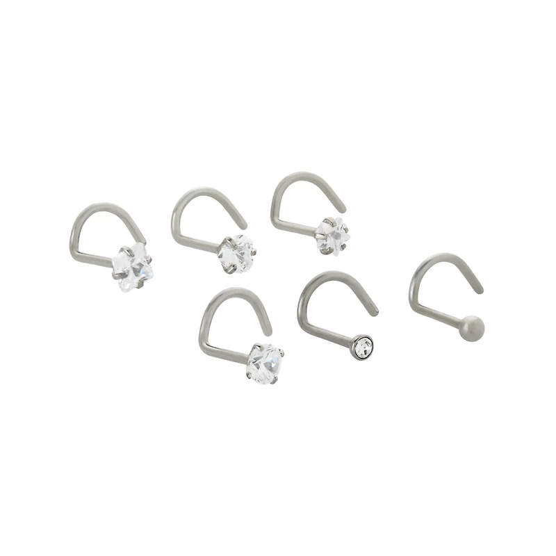 Multi-Pack CZ Gem Silver-Plated Screw Nose Rings - 6 Pack