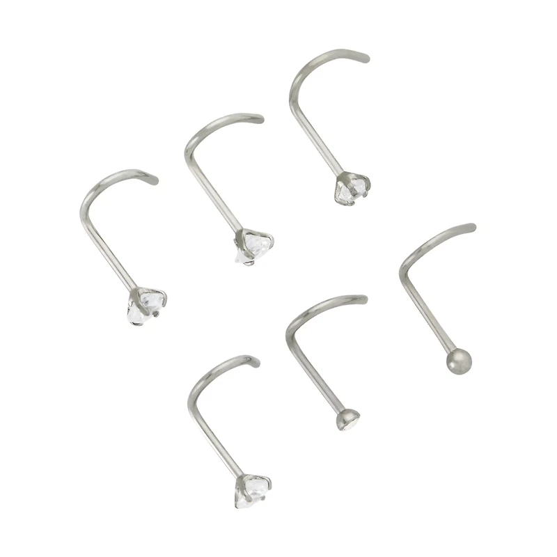 Multi-Pack CZ Gem Silver-Plated Screw Nose Rings - 6 Pack