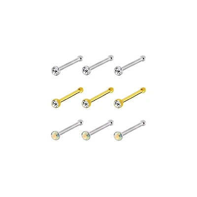 Multi-Pack CZ Goldtone and Silvertone Bone Nose Rings 9 Pack - 20 Gauge