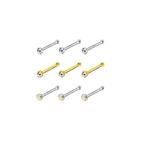Multi-Pack CZ Goldtone and Silvertone Bone Nose Rings 9 Pack - 20 Gauge
