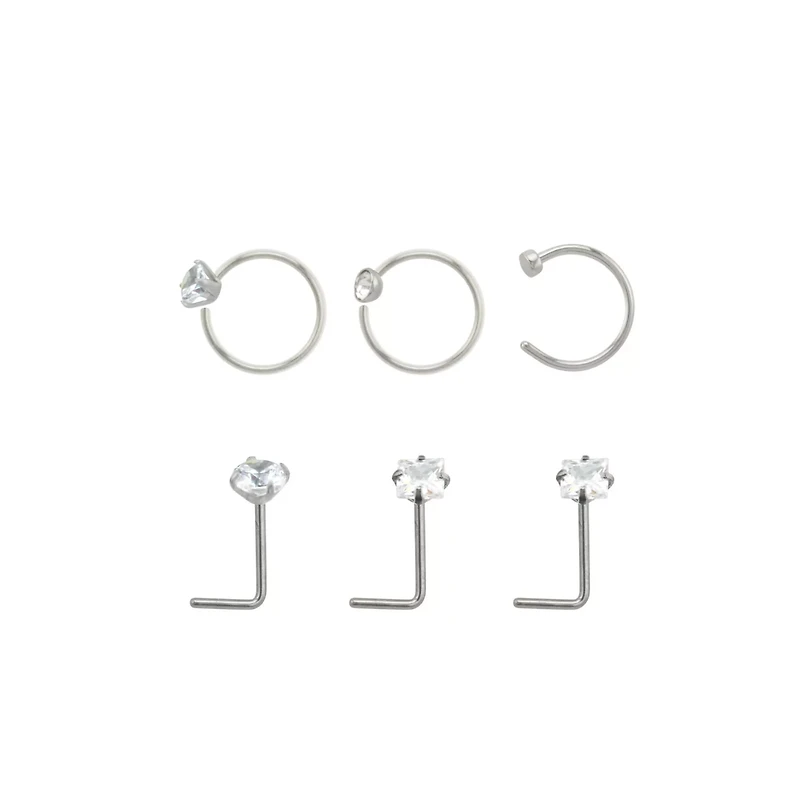 Multi-Pack Round and Square CZ L-Bend Nose Rings Hoop 6 Pack - 20 Gauge