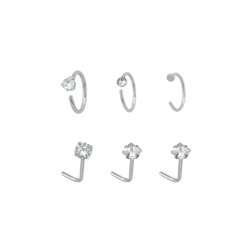 Multi-Pack Round and Square CZ L-Bend Nose Rings Hoop 6 Pack - 20 Gauge