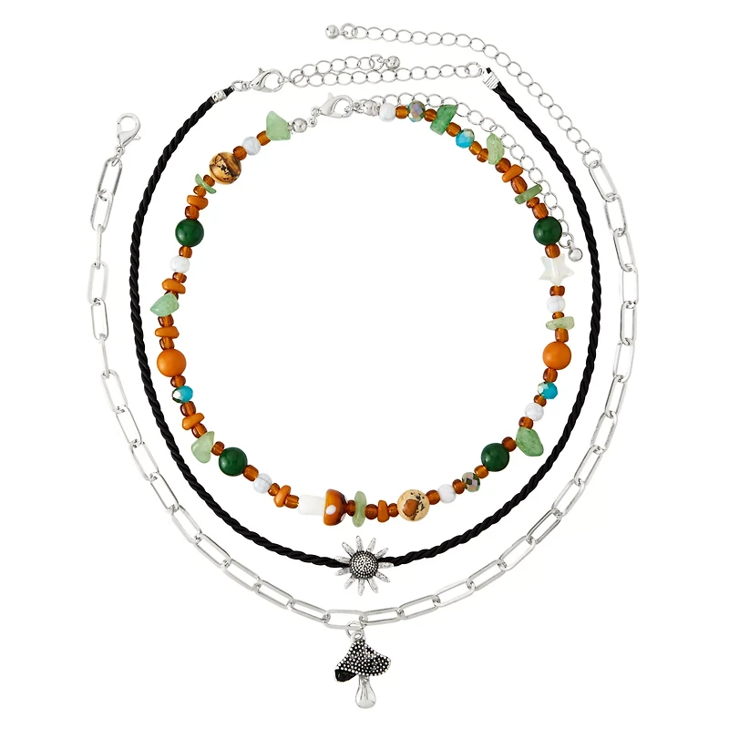 Multi-Pack Cord Chain Bead Sun Mushroom Necklace - 3 Pack
