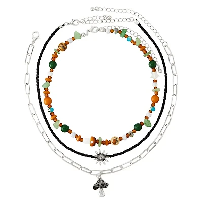 Multi-Pack Cord Chain Bead Sun Mushroom Necklace - 3 Pack