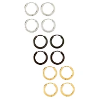 Multi-Pack Silvertone Black and Goldtone Hoop Earrings 6 Pair - 20 Gauge
