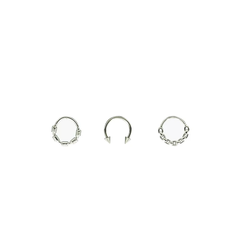 Multi-Pack Silvertone Wire Septum Rings and Horseshoe Ring 3 Pack - 16 Gauge