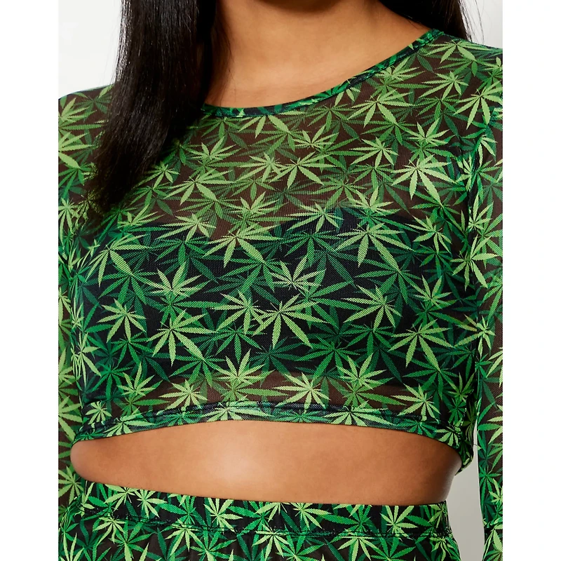 Long Sleeve Weed Leaf Mesh Crop Top