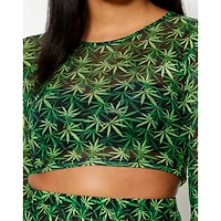 Long Sleeve Weed Leaf Mesh Crop Top