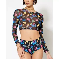 Long Sleeve Trippy Mushroom Mesh Crop Top