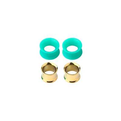 Teal and Goldplated Tunnel Plugs 4 Pack - 00 Gauge