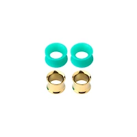 Teal and Goldplated Tunnel Plugs 4 Pack - 00 Gauge