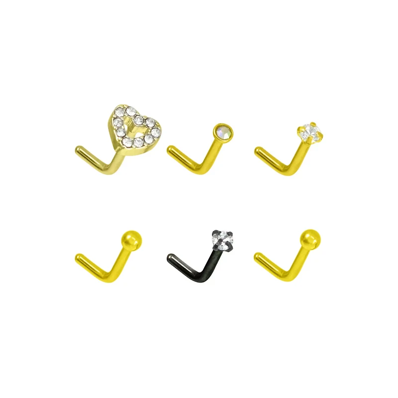 Multi-Pack Goldtone and Black Heart L-Bend Nose Rings 6 Pack - 20 Gauge