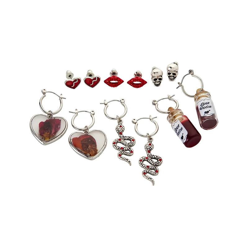 Multi-Pack Heart Skull Snake Potion Flower Earrings - 6 Pair