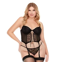 Plus Black Lace-Up Mesh Cropped Bustier and G-String Panties Set