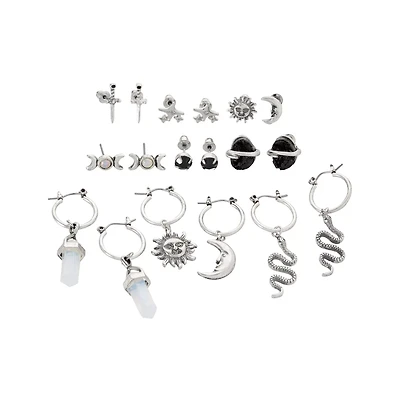 Multi-Pack Crystal Sun Snake Cross Earrings - 9 Pair