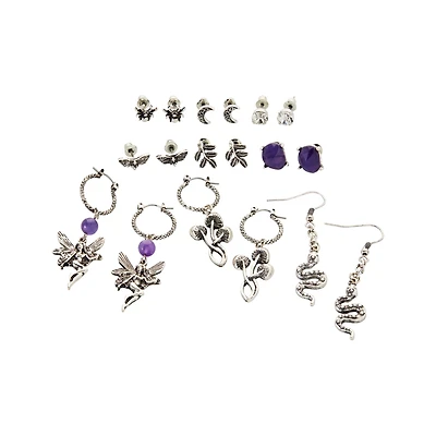 Multi-Pack Purple Fairy Snake Crystal Earrings - 9 Pack