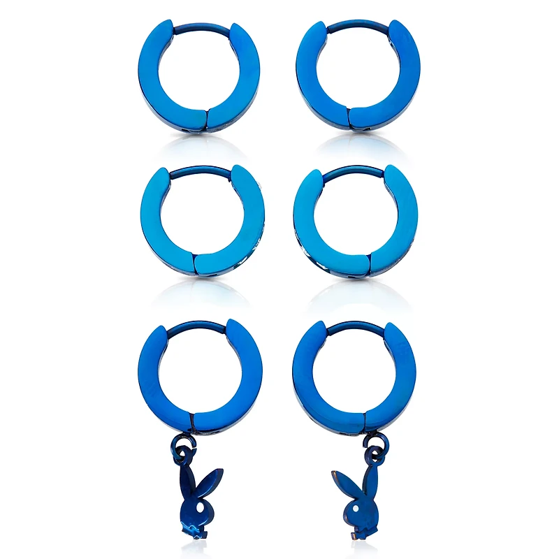 Multi-Pack Blue Playboy Bunny Dangle Hoop Earrings - 3 Pair