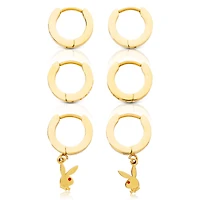 Goldtone CZ Playboy Bunny Hoop Huggie Dangle Earrings - 3 Pack