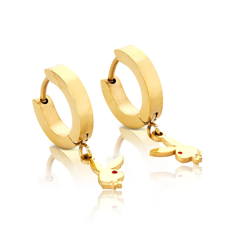 Goldtone CZ Playboy Bunny Hoop Huggie Dangle Earrings - 3 Pack