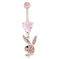 CZ Pink Playboy Bunny Heart Dangle Belly Ring - 14 Gauge