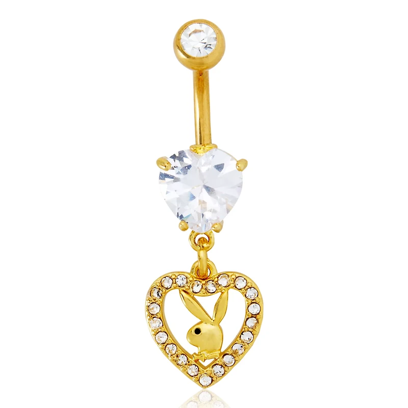 Goldtone CZ Playboy Bunny Heart Dangle Belly Ring - 14 Gauge