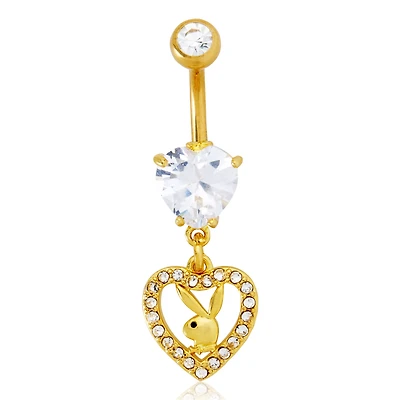Goldtone CZ Playboy Bunny Heart Dangle Belly Ring - 14 Gauge