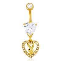 Goldtone CZ Playboy Bunny Heart Dangle Belly Ring - 14 Gauge