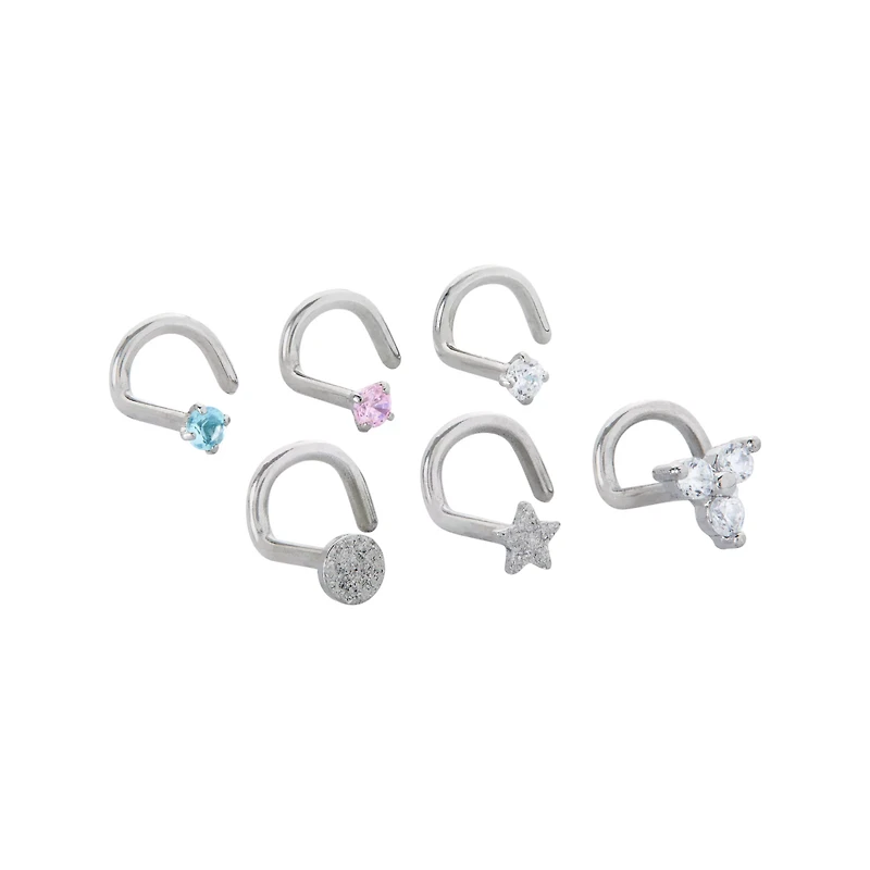Multi-Pack CZ Moon and Star Screw Nose Rings 6 Pack - 18 Gauge