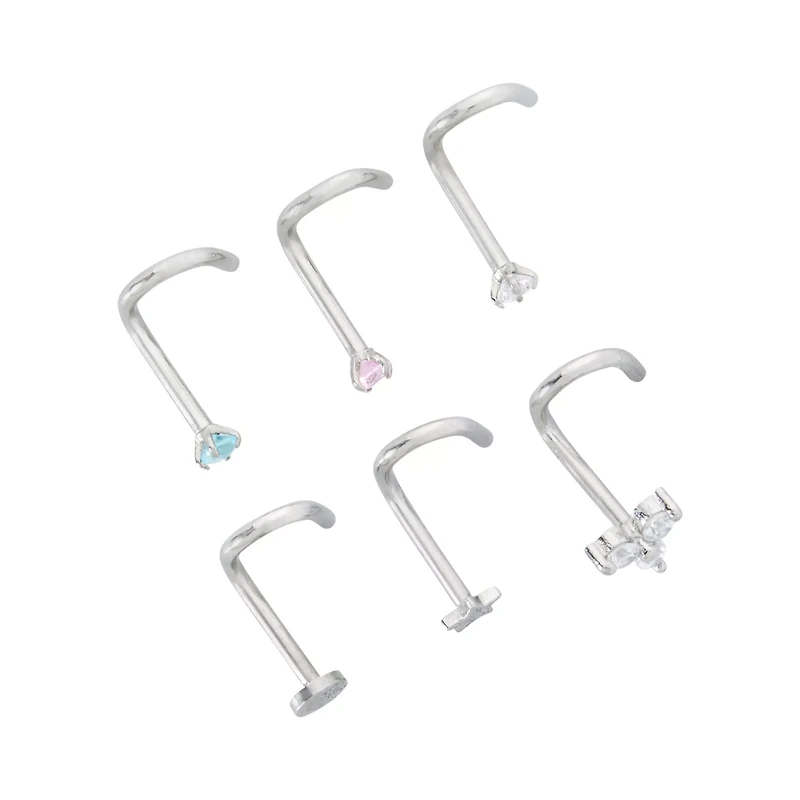 Multi-Pack CZ Moon and Star Screw Nose Rings 6 Pack - 18 Gauge