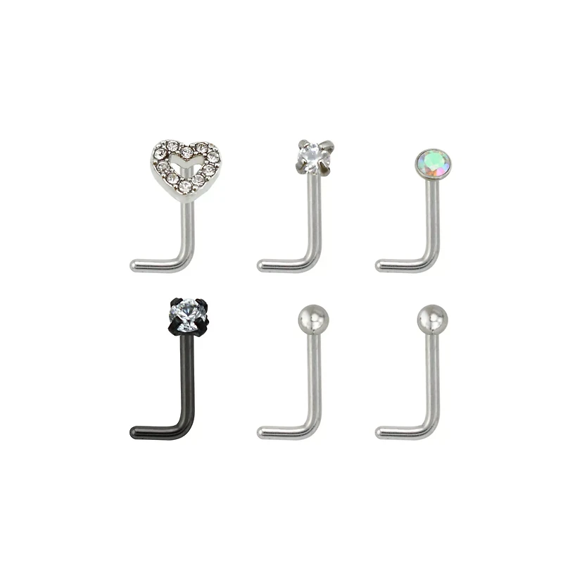 Multi-Pack Prong CZ Heart L-Bend Nose Rings 6 Pack - 20 Gauge