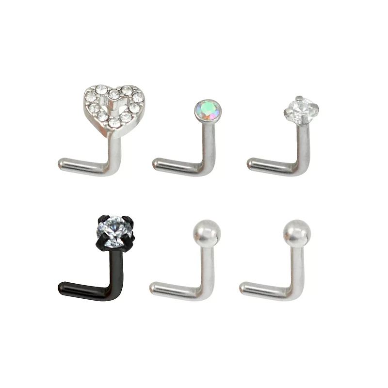 Multi-Pack Prong CZ Heart L-Bend Nose Rings 6 Pack - 20 Gauge