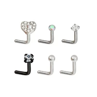 Multi-Pack Prong CZ Heart L-Bend Nose Rings 6 Pack - 20 Gauge